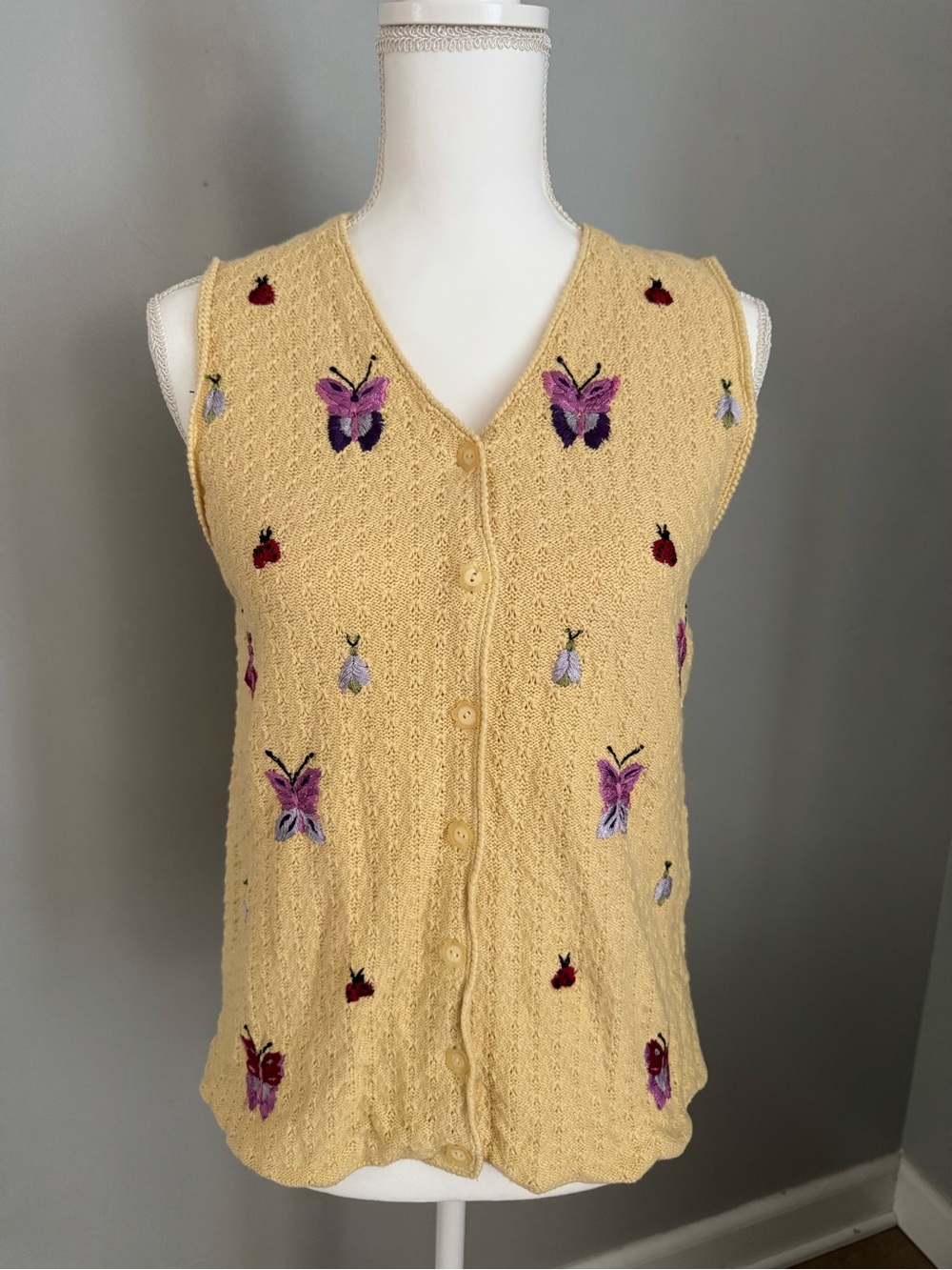 Embroidered Butterflies Yellow Knit Button-Up Vest